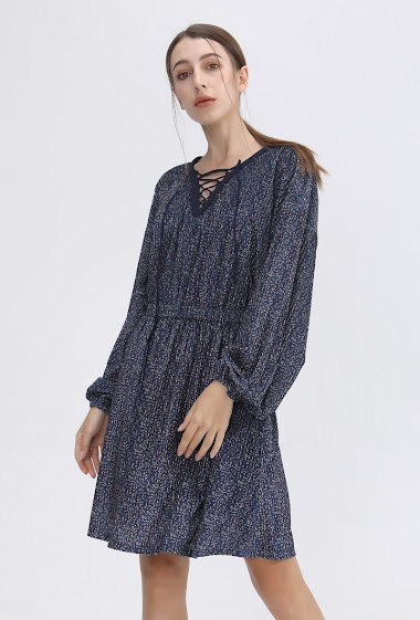 Wholesaler Smart and Joy - Velvet tunic dress with lacing at the neckline and liberty print