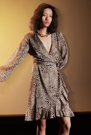 Wholesaler Smart and Joy - Cross effect V neckline animal print dress