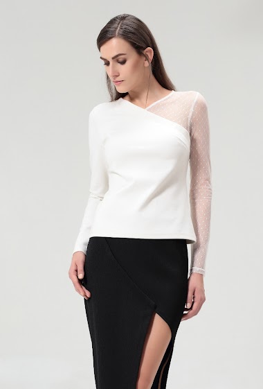 Wholesaler Smart and Joy - Asymmetrical long-sleeved top in jersey and tulle