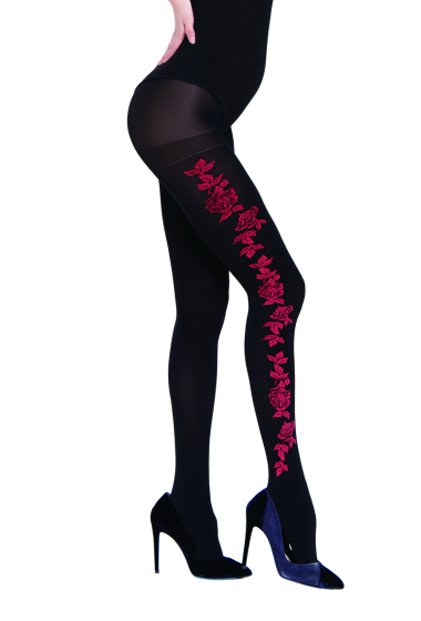 Wholesaler Snow Rose - Black opaque voile tights with red flower pattern