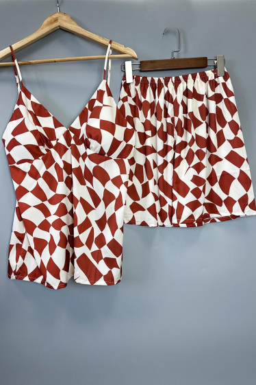 Großhändler Snow Rose - Pyjama-Set aus Satin-Unterhemd und Shorts mit geometrischem Design