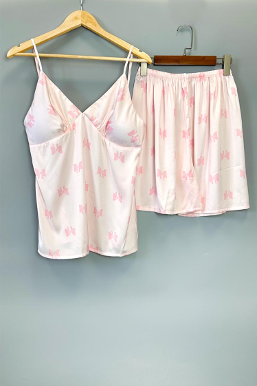 Großhändler Snow Rose - Satin-Pyjama-Set aus Leibchen und Shorts mit Schleifenmuster