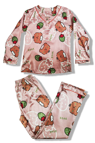 Mayorista Snow Rose - Conjunto de pijama de satén con osito de fresa