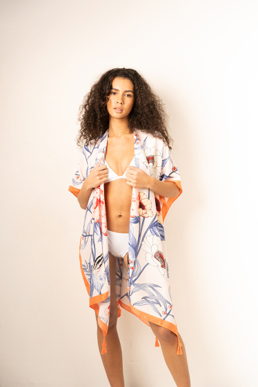 Wholesaler Snow Rose - Open beach kimono with Flowers and Leaves design