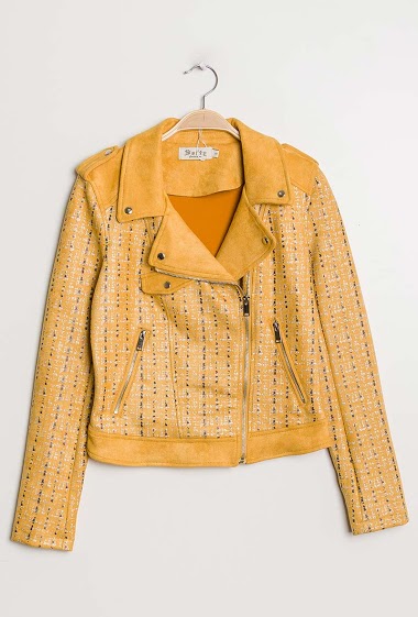 Grossistes Softy by Ever Boom - BLOUSON PERFECTO EFFET SUEDINE IMPRIME TWEED