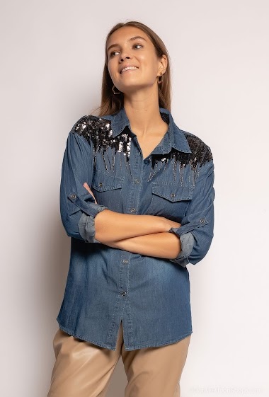 Wholesaler Softy by Ever Boom - Jean shirt with sequins and fringes