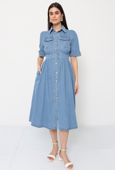 Wholesaler Softy by Ever Boom - Long denim dress with short cuffed sleeves