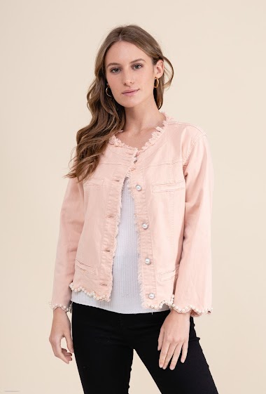 Wholesaler Softy by Ever Boom - Denim jacket with round neck and pearls