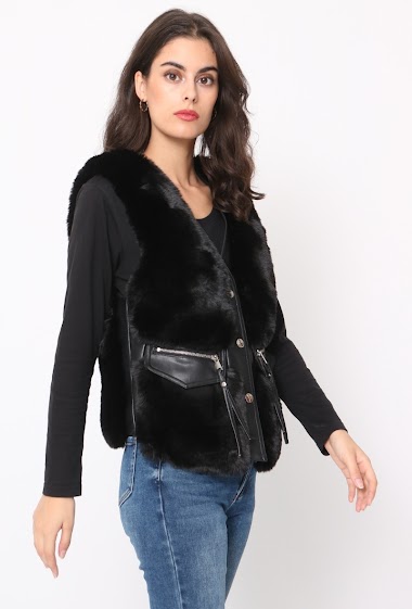 Veste simili cuir fausse fourrures fermeture éclair sans manches - Cinelle  Paris, mode femme tendance