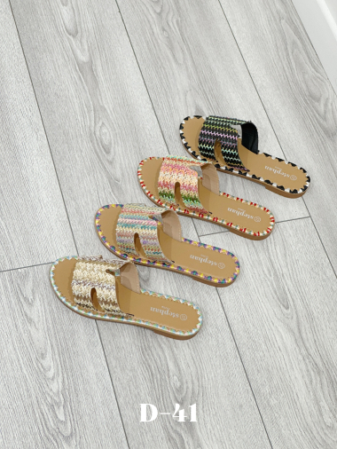 Wholesaler Stephan Paris - Flat mules in natural braided fabric with colored border
