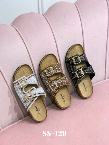 Wholesaler Stephan Paris - Flat sandals with two straps decorated with gold buckles, rhinestones and pearls