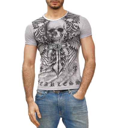 Grossiste SUBLIMINAL MODE - Subliminal Mode - T shirt Imprimé Tête de Mort Manches Courtes avec Strass