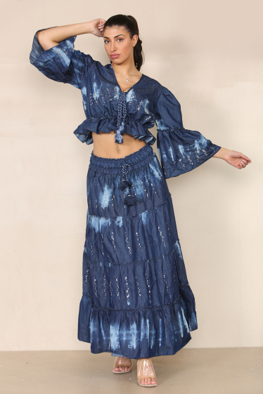 Wholesaler Sumel - Summer 2024 women's set Long sleeves with crop top and skirt set (ref DJ552)