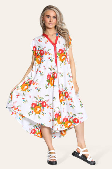 Wholesaler Sumel - Mid-length dress, V-neck Flowers Printed, Buttoned, Courte Sleeves Ref- 1001