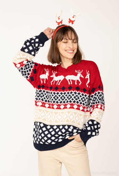 Wholesaler Sumel - Knitted Christmas sweater with reindeer pattern, diamonds, triangles, Christmas spirit RDMJ_23