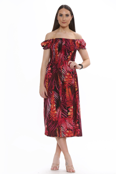 Grossiste Sumel - Robe à corps froncé tube, robe en viscose imprimé nature tropicale