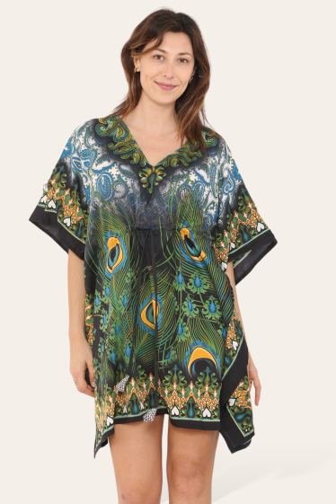 Grossiste Sumel - Robe caftan courte, motif imprimé plumes de paon REF-1065S