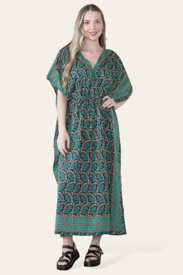 Wholesaler Sumel - Long mosaic kaftan dress V-neck with exotic oriental border ref 1062L