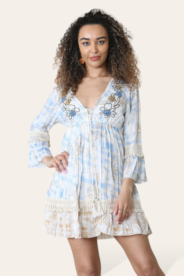 Wholesaler Sumel - Short v-neck dress embroidery on collar tie and dye dress lace sleeve ref 8059