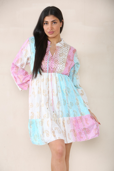 Großhändler Sumel - Kurzes Kleid, Kordelzug mit V-Ausschnitt, tropische Farben, lange Ärmel 8080