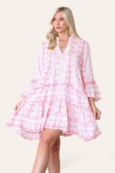 Wholesaler Sumel - Simple short dress, V-neck, reflective floral print, REF-25004