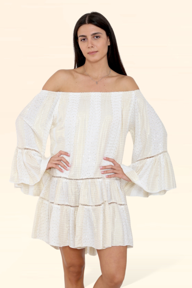 Wholesaler Sumel - Short Plain White Dress OFF THE SHOULDER SUBTLE SILVER SLEEVE-9108