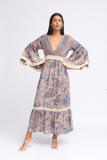 Grossiste Sumel - Robe elegante et simple a imprime floral paisley avec manches evasees et