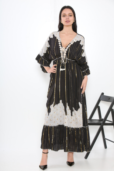 Grossiste Sumel - Robe Exclusive Femme longue col V fait main, design doré, manches REF-21115