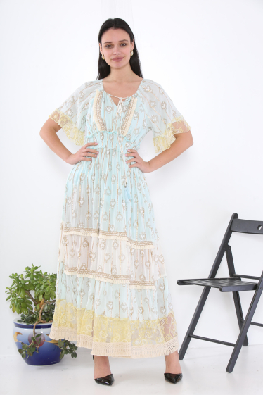 Wholesaler Sumel - Exclusive women's long V-neck dress, central bow, 9092