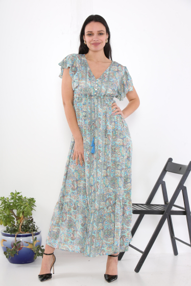 Großhändler Sumel - Exklusives Kleid. Langes bedrucktes Damenkleid mit V-Ausschnitt. 7019