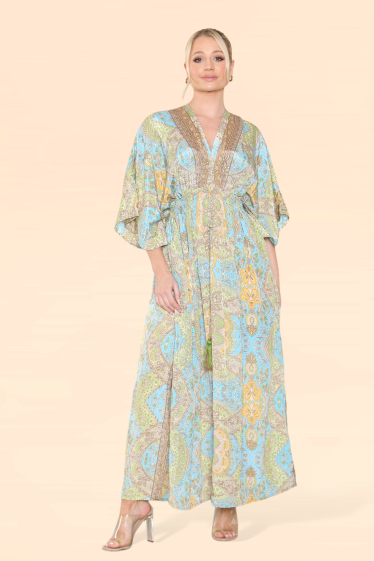 Großhändler Sumel - Damenkleid mit Musterbezug V-Ausschnitt und langen Puffärmeln MK-338