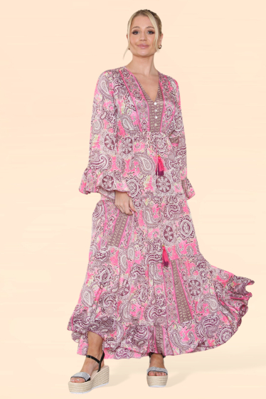 Großhändler Sumel - Damenkleid mit Musterbezug V-Ausschnitt und langen Puffärmeln MK -363