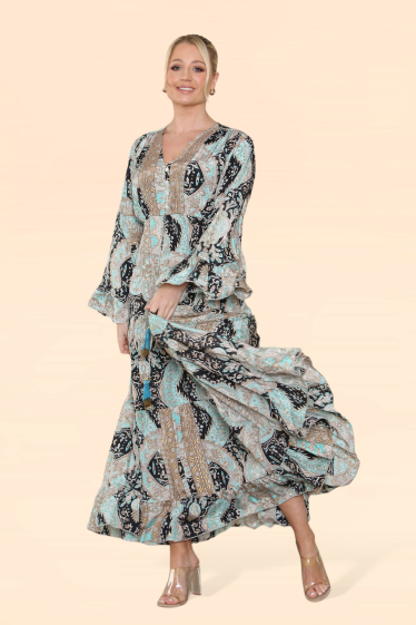 Großhändler Sumel - Damenkleid mit Musterbezug V-Ausschnitt und langen Puffärmeln MK -365