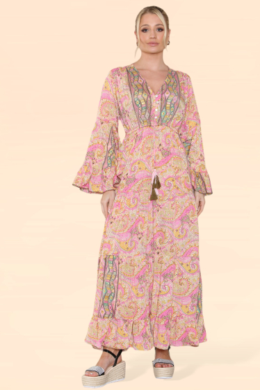 Großhändler Sumel - Damenkleid mit Musterbezug V-Ausschnitt und langen Puffärmeln MK -366