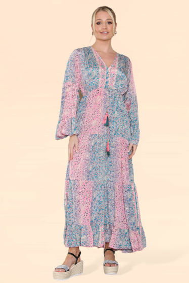 Großhändler Sumel - Damenkleid mit Musterbezug V-Ausschnitt und langen Puffärmeln MK -367
