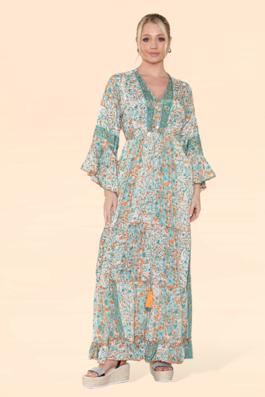 Großhändler Sumel - Damenkleid mit Musterbezug V-Ausschnitt und langen Puffärmeln MK -368