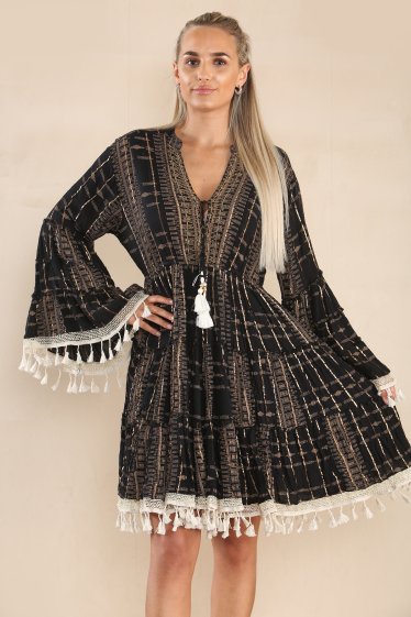Großhändler Sumel - Kurzes, ausgestelltes Damenkleid, mit Rüschen verziertes Kleid, Kleid aus 100 % Baumwolle