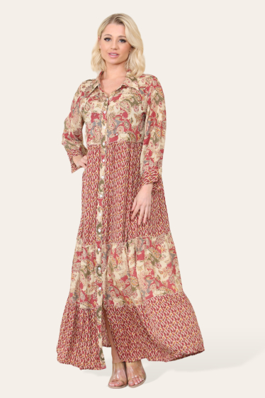 Großhändler Sumel - Elegantes, langes, ausgestelltes Damenkleid mit Knopfkragen und Blumendruck 5126
