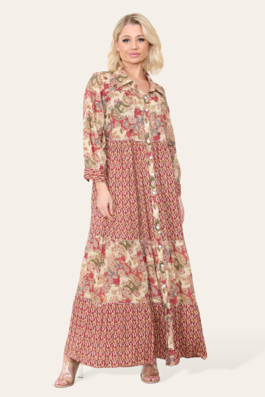 Grossiste Sumel - Robe femme élégante longue évasée avec col style bouton et imprimé floral 5126