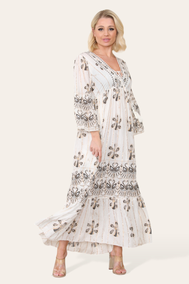 Wholesaler Sumel - Elegant long flared women's dress with ethnic handwork 2411