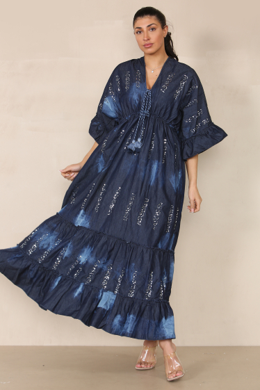 Wholesaler Sumel - Women's long V-neck dress with drawstring, 3/4 sleeves, summer 2024 (ref DJ551)