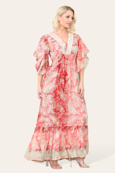 Großhändler Sumel - Damenkleid. Elegantes Blumenkleid mit V-Ausschnitt und Glockenärmeln. 5129