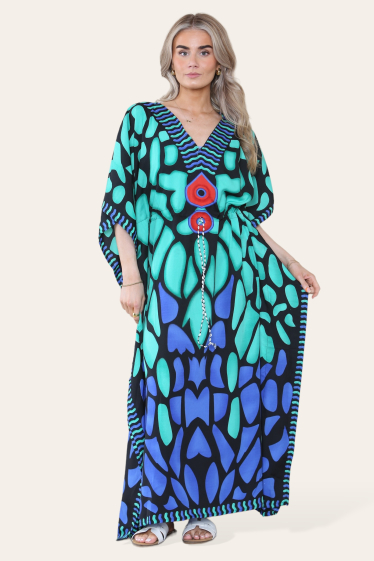 Großhändler Sumel - Langes Kleid mit V-Ausschnitt und kräftigem abstraktem Druck Ref-7030-L