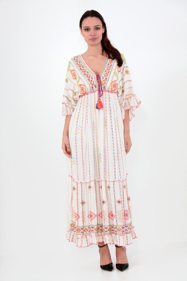 Großhändler Sumel - Langes Damenkleid mit V-Ausschnitt, handgemachtes Stickmuster, Ref-6136