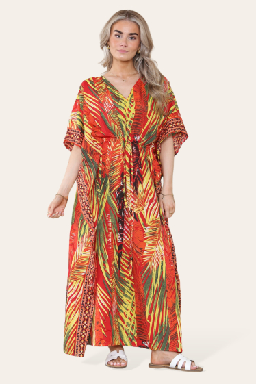 Grossiste Sumel - Robe longue à col en V Robe longue à imprimé palmier tropical Réf -7021-L