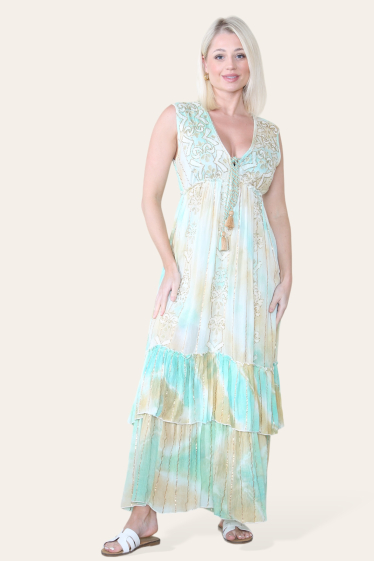 Großhändler Sumel - Langes Kleid mit gesticktem Muster, zweifarbiger bunter Druck, V, ärmellos. -21120