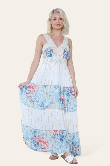 Großhändler Sumel - Böhmisches langes Sommerkleid ohne Ärmel mit Kragen mit tropischem Print -24-137