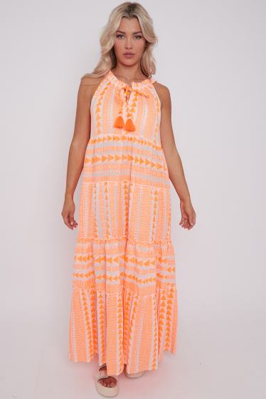 Wholesaler Sumel - Long bohemian urban dress with neon arrow print, sleeveless drawstring collar ref 25046
