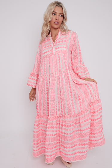 Wholesaler Sumel - Long Bohemian Urban dress with neon arrow print, long sleeves ref 25045