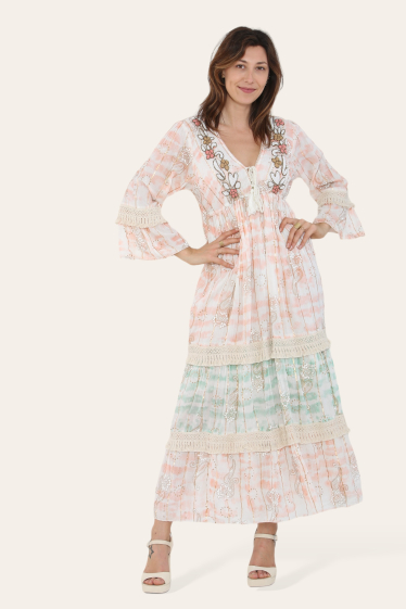 Großhändler Sumel - Langes Kleid, florale Spitzenstickerei, V-Ausschnitt, Kordelzug Ref-2423